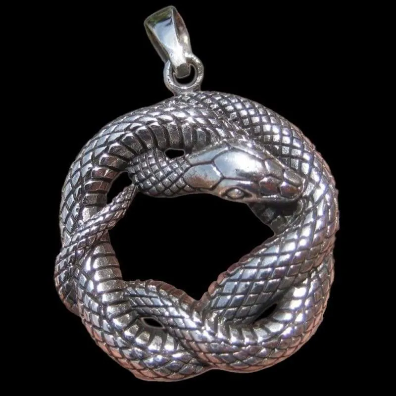 Infinity Snake Pendant Huge Charm Druid Pagan Wiccan Coiled Serpent Snake Kundalini Shakti Contemporary Elegant (Antique Silver Plated) 50cm