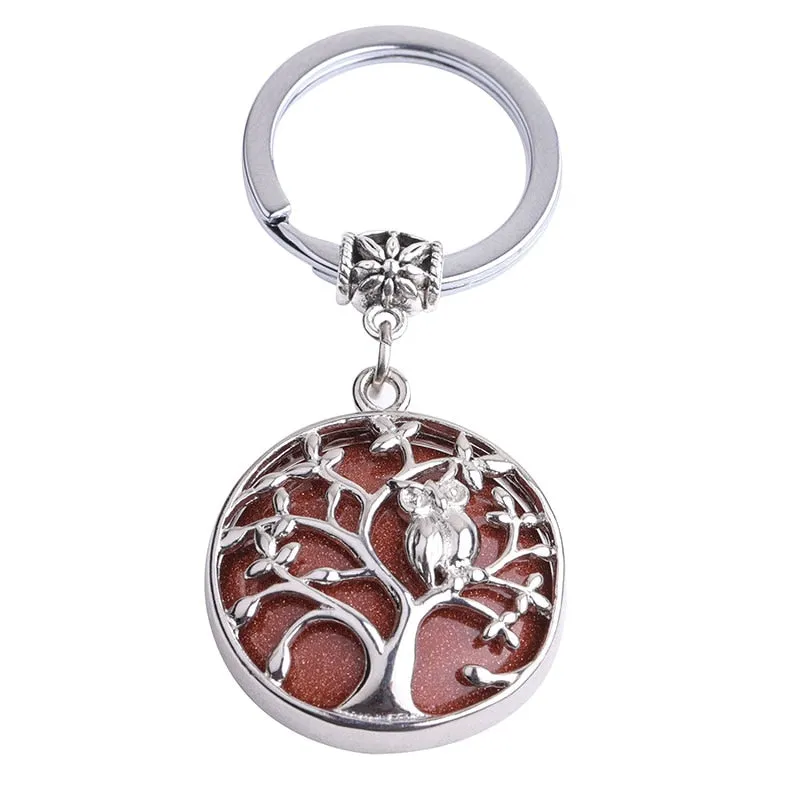Natural Stone Keychains Silver Color Tree of Life Keyring Healing Crystal Car Bag Wallet Decor Keyholder