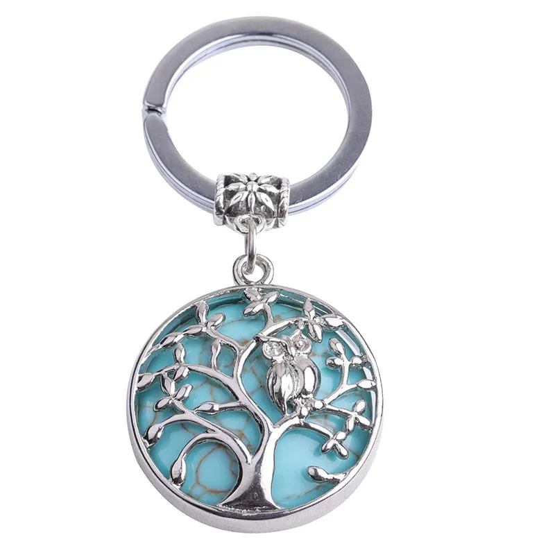 Natural Stone Keychains Silver Color Tree of Life Keyring Healing Crystal Car Bag Wallet Decor Keyholder