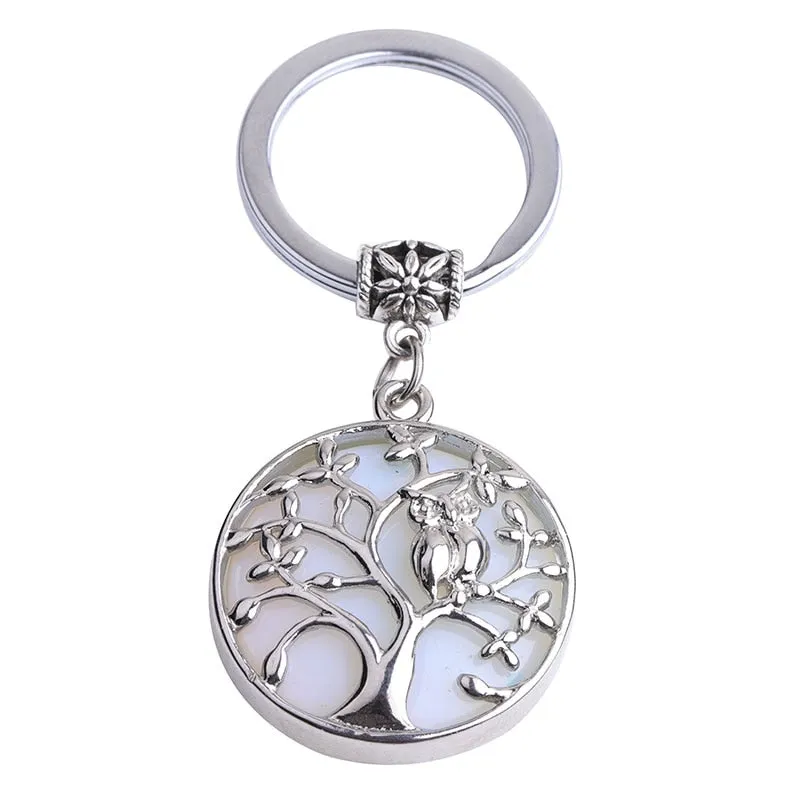 Natural Stone Keychains Silver Color Tree of Life Keyring Healing Crystal Car Bag Wallet Decor Keyholder