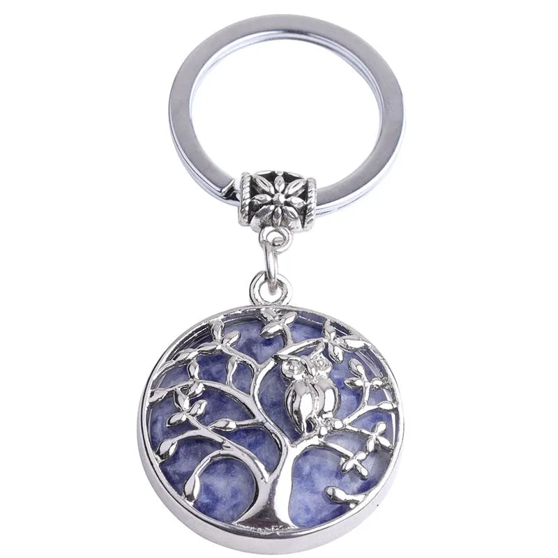 Natural Stone Keychains Silver Color Tree of Life Keyring Healing Crystal Car Bag Wallet Decor Keyholder